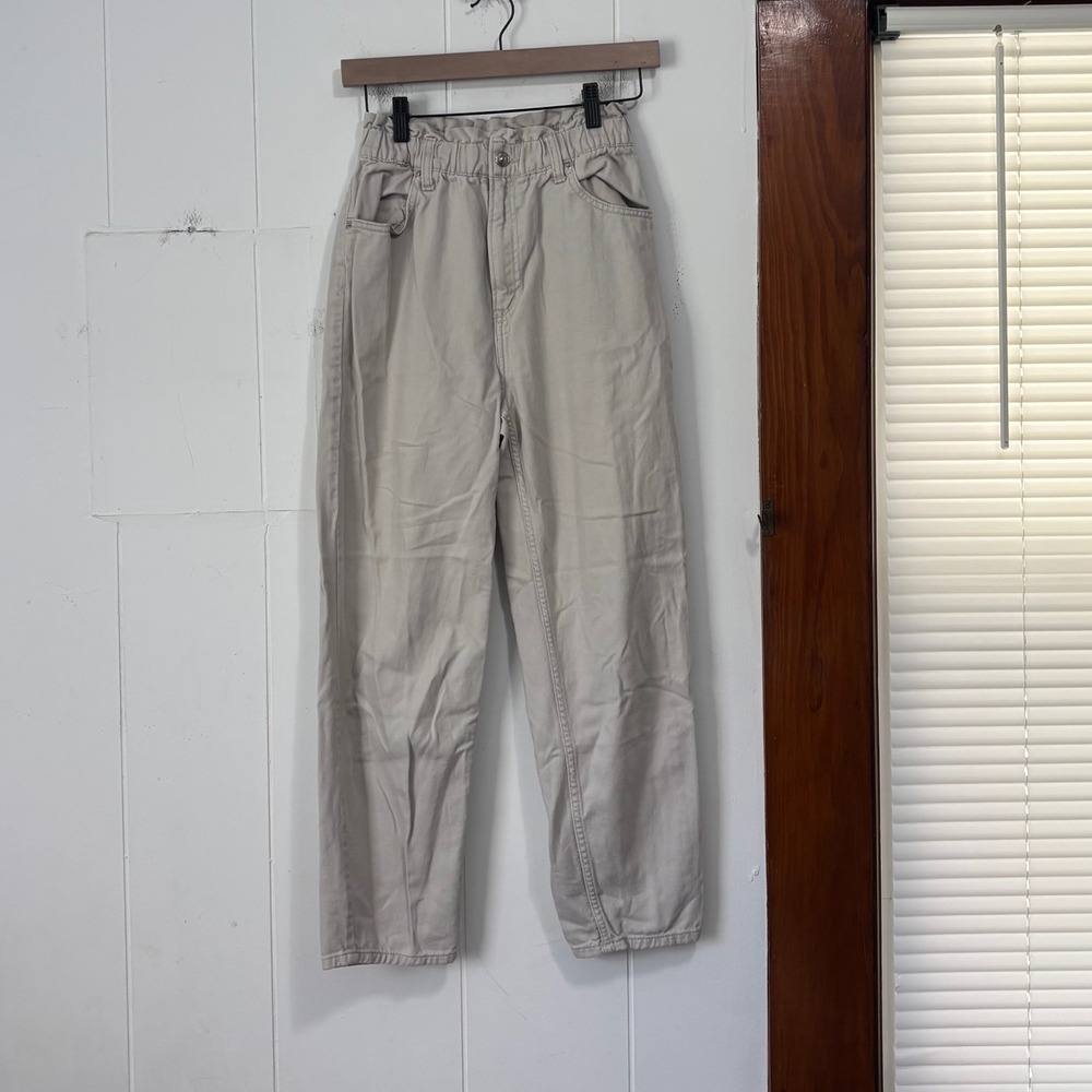 HM Divided Women Beige High Waisted Paperbag Tapered Cotton Pants Size 4